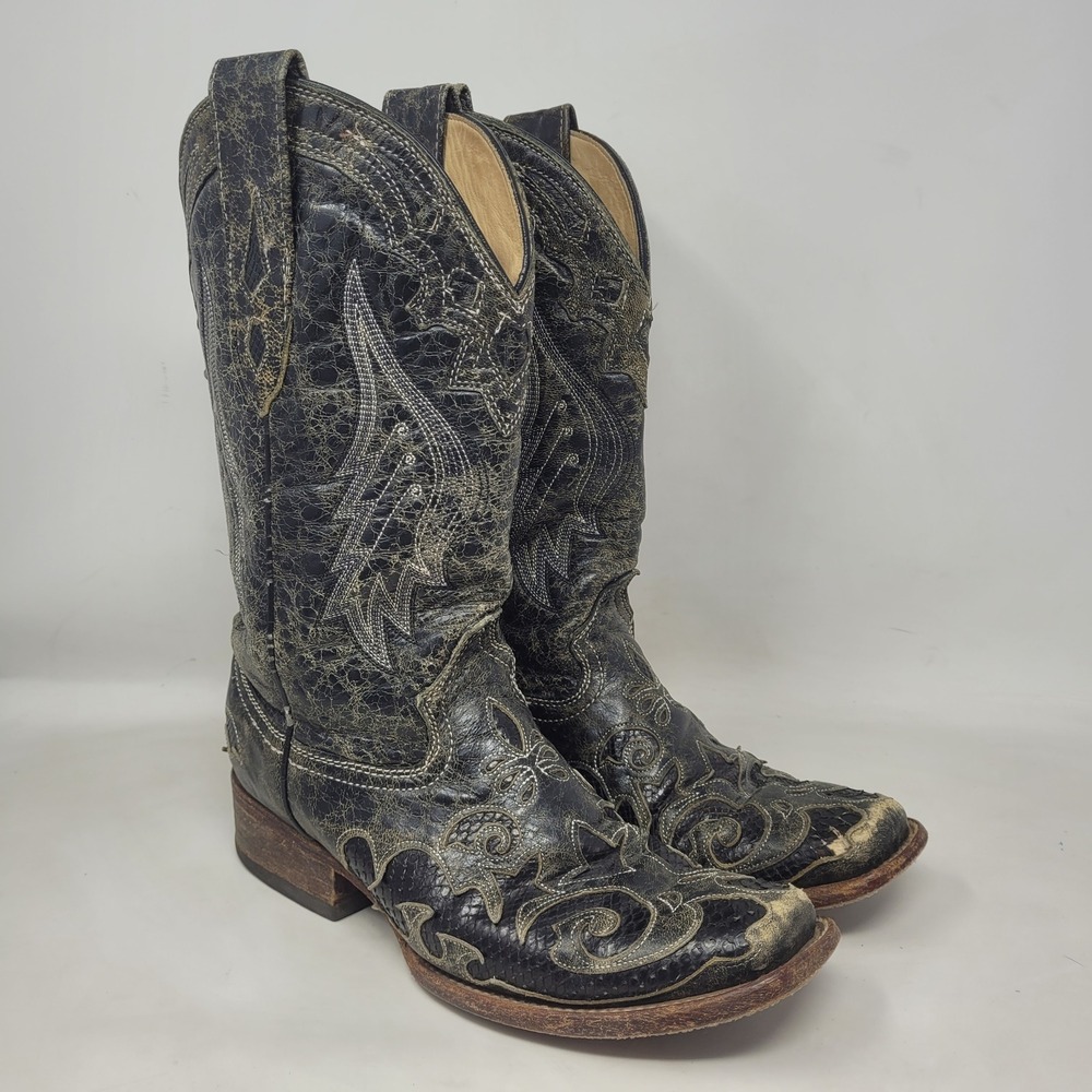 Corral Boots 9M Black Leather Embroidery Snake Inlay Western Cowgirl A2402 Rodeo